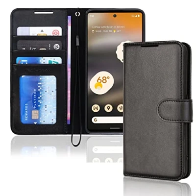 Image de TECHGEAR Étui Portefeuille en Cuir Google Pixel 6a, Housse de Protection à Rabat avec Porte Carte Portefeuille, Support et dragonne PU Noir Fermeture magnétique conçu pour 6a