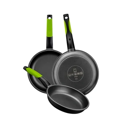 Image de BRA Prior Set De 3 Poêles 18 22 26 cm, Fonte d’Aluminium avec Antiadhésif Teflon Innovations sans PFOA, Compatibles Tous Feux Dont Induction, Inclus 2 Dessous Plat Safe