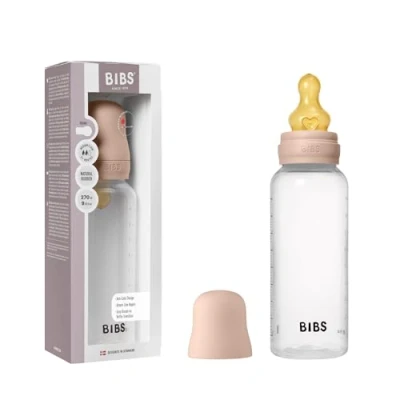 Image de Biberon BIBS d’une capacité de 270 ml avec tétine en caoutchouc naturel fonction anti colique, sans bisphénol A, ronde, débit moyen, convient aux nouveau nés Blush