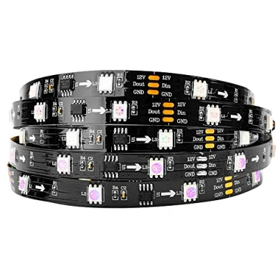 Image de BTF LIGHTING Bande LED WS2811 IC=RGB IC adressable Dream Color 5M 30LEDs/m 10Pixels/m 150LEDs 50pixels Non étanche Ruban PCB noir Flexible DC12V Effet de poursuite pour la décoration maison