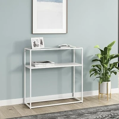 Image de [en.casa] Table Console pour Entrée Salon Couloir Cuisine d&#039;Appoint Meuble d&#039;Entrée avec Surface de Rangement Métal Verre Trempé 80 x 30 cm Blanc Transparent