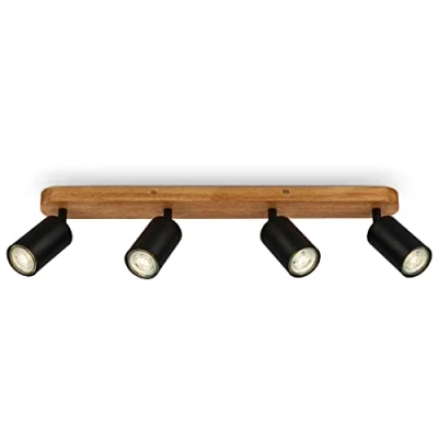 Image de BRILONER plafonnier LED rétro avec bois, luminaire vintage à 4 flammes, Éclairage de Plafond, 4x GU10 douille, spot orientable, plafond rustique, noir 550x60x85 mm