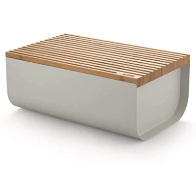 Image de Alessi Mattina BG03 WG Boîte à Pain Design, Acier Coloré avec Résine Époxy et Bois de Bambou, Warm Grey
