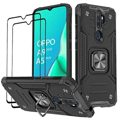 Image de KANSI Coque Compatible pour Oppo A9 2020 / A5 2020, Verre Trempé [2 Pièces] Housse TPU Silicone Rotation 360 Aimant Anneau Support Double Défense Protection Etui 2020/A5 Noir
