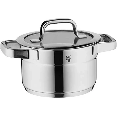 Image de WMF Petit faitout compact 16,5 cm, couvercle en verre, marmite induction, 2 l, acier inoxydable Cromargan poli, graduation intérieure, empilable, non revêtue