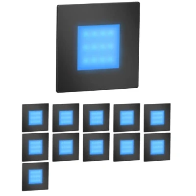 Image de ledscom.de 12 pièces Lumière d&#039;escalier LED/lampe murale encastrée FEX pour l&#039;intérieur et l&#039;extérieur, rectangulaire, noir, 85 x 85mm, bleu