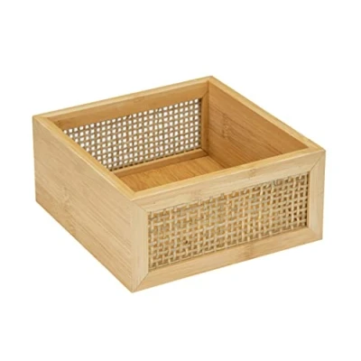 Image de WENKO boîte de salle bain Allegre M, décorative avec couvercle dans un style bohème tendance, en bambou et rotin tressé qualité, ranger des accessoires toilette, 15 x 7 cm, naturel