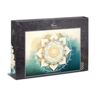 Image de Ulmer Puzzleschmiede Puzzle mandala aquarelle 1000 pièces Motif blanc fin comme dans le style des couleurs d&#039;eau douces de qualité supérieure fabriqué en Allemagne