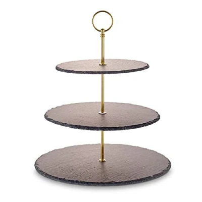 Image de ECHTWERK Etagère/plateau de service pour pâtisseries, fruits, fromages et desserts en ardoise naturelle avec 3 niveaux poignée métallique, édition or, Ø env. 20/25/ 30 cm, faïence