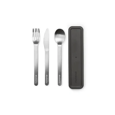 Image de Brabantia Set de Couverts avec Étui Make &amp; Take 3 pcs: Couteau, Cuillère Fourchette Design Compact Hygiénique Acier Inoxydable Lavable au Lave Vaisselle Kit Voyage Dark Grey