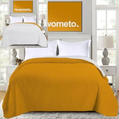 Image de wometo Couvre lit 220 x 240 cm Certifié Oeko Tex Housse en microfibre jaune gris clair matelassé Design réversible XXL