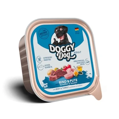 Image de DOGGY Dog Paté Bœuf et Dinde 10 x 150 g Nourriture Humide pour Chien sans céréales avec Huile de Saumon Moule à lèvres Vertes Aliment Complet Pommes Terre Tomate Fabriqué en