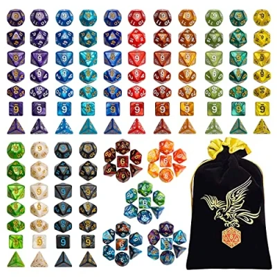 Image de QMAY Jeu de Dés du MDN, polyédriques 140PCS, 20 Couleurs Double DND Les donjons Dragons RPG Jeux Table MTG D4 D8 D10 D12 D20