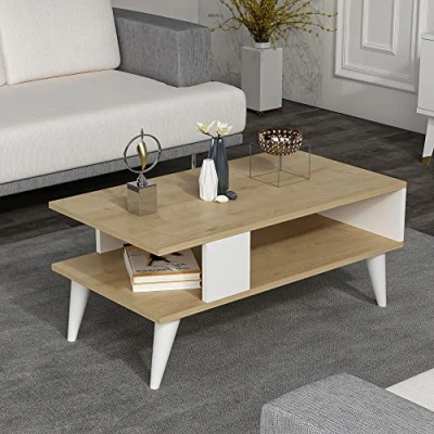 Image de [en.casa] Table Basse Design Rectangulaire pour Salon avec Surface de Rangement Panneau Particules Mélaminé Bois 40 x 90 45 cm Effet Chêne Blanc