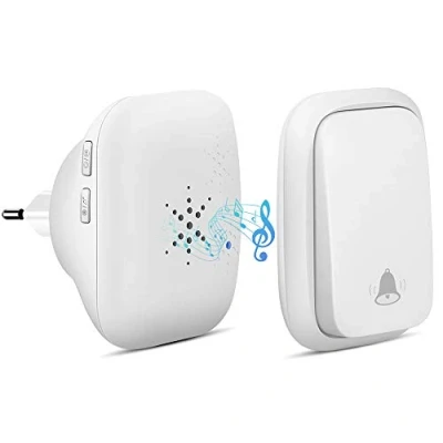 Image de Sonnette Sans Fil, PDGROW Auto Alimentée Batterie Requise Carillon de Porte Bouton Poussoir étanche à 150m Portée avec 38 Carillons, Volume 4 Niveaux et LED Blanc