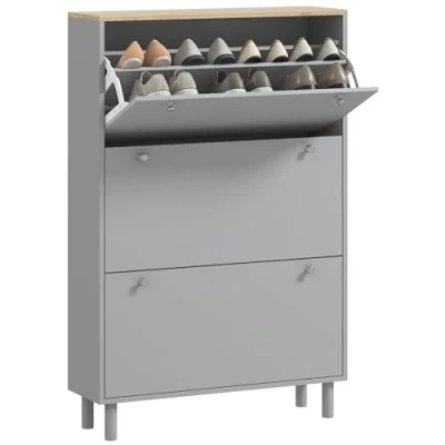 Image de HOMCOM Meuble à Chaussures 24 Paires, Armoire étroite, d&#039;entrée avec 3 tiroirs rabattables et étagères réglables, pour Couloir entrée, 80x23,5x121cm, Gris