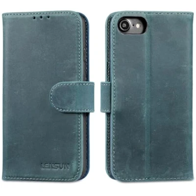 Image de LENSUN Coque iPhone SE 2020, Étui 8/7/SE 2022, Portefeuille Cuir Véritable Housse avec Rangements Cartes et Fermoir Magnétique pour 2/SE 3 Bleu Rétro