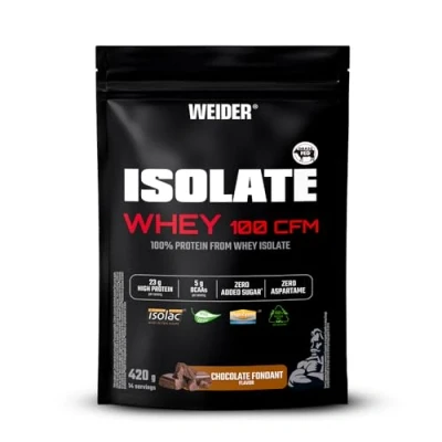Image de Weider Isolate Whey 100CFM (420g) Goût Chocolat, 100% Isolat de Protéines Lactosérum 23g /Portion, Avec Enzymes Digestives, Sans Sucres Ajoutés, ni Aspartame, Faible teneur en Graisses, 14 portions