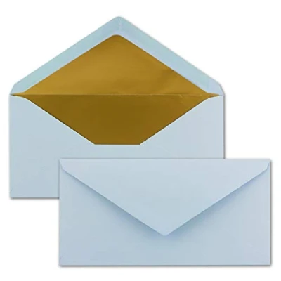 Image de 15x enveloppes 11 x 22 cm couleur: bleu clair aves doublure en or métallique fermeture: gommée format DL américain, portefeuille sans fenêtre pour papier A4 invitations