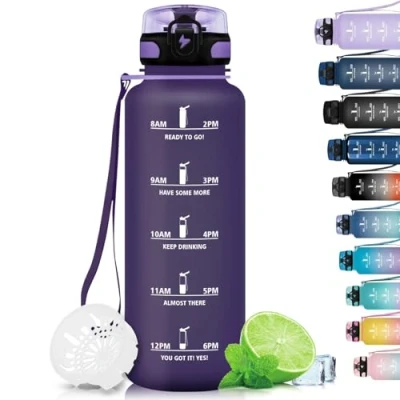 Image de Grsta Gourde 1500ML d&#039;eau, sans BPA, de Sport, Graduée pour 1 Jour, Filtre et Marqueur Temps, Motivation École, Randonnée Violet Foncé