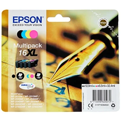 Image de Epson Multipack 16XL Stylo Plume, Cartouches d&#039;encre d&#039;origine XL Haute capacité, 4 couleurs: Noir, Cyan, Magenta, Jaune, WF 2010W 2520NF 2530WF 2540WF 2630WF 2650DWF 2750DWF