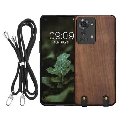 Image de kwmobile Coque Collier Compatible avec OnePlus Nord 2T 5G Housse de Protection en Bois Cordon Sangle Brun foncé