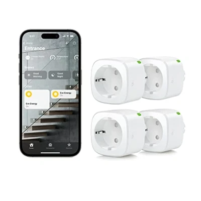 Image de Eve Energy (Matter) lot de 4 Prise intelligente, contrôle via une app et par commande vocale, Fonctionne avec Apple Home, Alexa, Google SmartThings, Nécessite un concentrateur