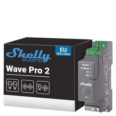 Image de Shelly Wave Pro 2 Interrupteur connecté &amp; Répéteur Z professionnel, Canaux 25A, Montage sur rail DIN, Contacts secs, App iOS, Android, Hub requis