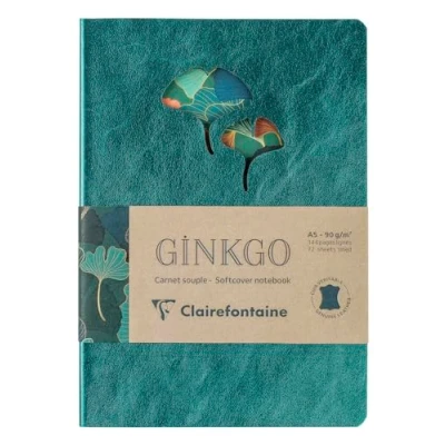 Image de Clairefontaine 115949C Un Carnet Broché en Cuir Feuille de Ginkgo A5 14,8x21 cm 144 Pages Lignées Papier Ivoire 90g 2 Coloris Vert Sapin et Irisé Indigo, livraison aléatoire Collection