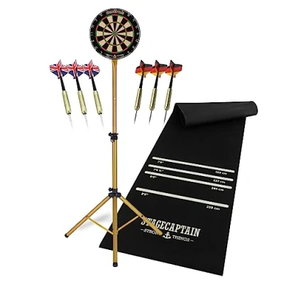 Image de Stagecaptain DBS 1715 BullsEye Pro Cible de fléchettes jeu classique avec tapis distance officiel et support doré Flechette 6 flèches pointe en acier 12 volants