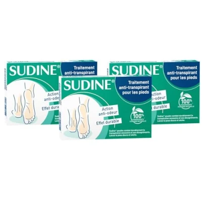 Image de SORIFA Lot de 3 Sudine Poudre Traitement Anti transpirant Pied Régule la transpiration Absorbe Prévient les mycoses Sans sels d’aluminium Fabriqué en France Boite 6 sachets doubles