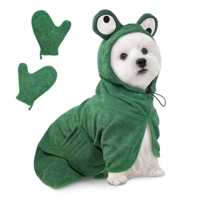 Image de Serviette à Séchage Rapide pour Animaux, Peignoir Chien en Microfibre, Absorbant, Absorbant Manteau Animaux Après Baignade Bain (Grenouille Verte, S)