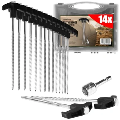Image de com four® 14x piquets de Tente en Acier avec Adaptateur pour Tournevis sans Fil à vis dans Une boîte Transport Sol Robustes Filetage Le Camping et l&#039;extérieur