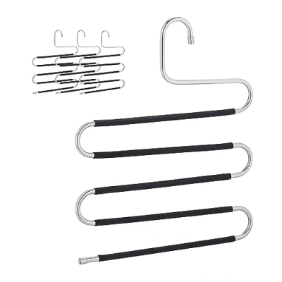 Image de Relaxdays Cintre pour Pantalon, Lot de 4, Forme Un S, 5 Barres, antidérapant, Peu encombrant, argenté et Noir