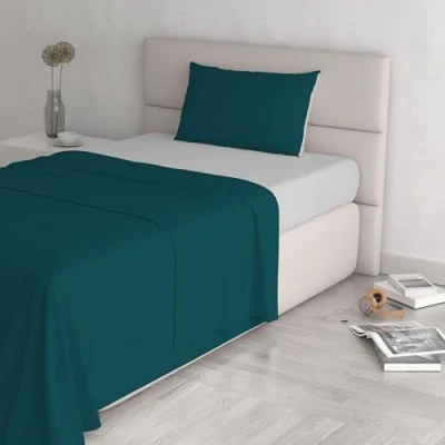 Image de Italian Bed Linen CL NC Verde petr/Grigio chi 1P Natural Color ensemble de draps lit, Vert pétrole/Gris clair, Single, 100 % Coton
