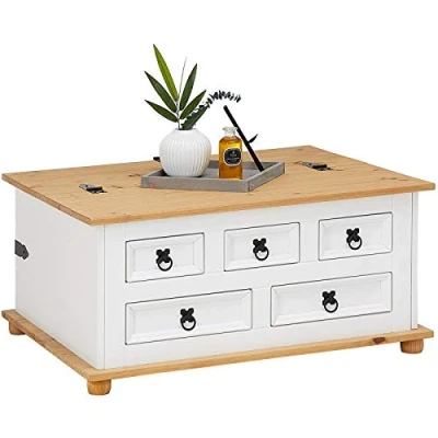 Image de IDIMEX Table Basse de Salon Tequila Coffre Malle Rangement rectangulaire en Bois Style Mexicain avec 5 tiroirs, pin Massif lasuré Blanc et Brun