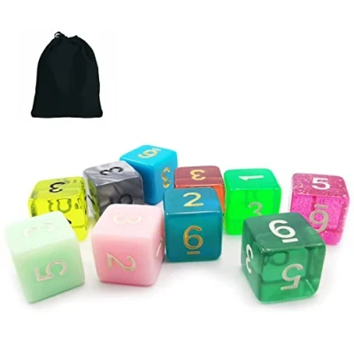 Image de Bescon 10pcs Set of 6 Sided Dice (Numbered 1 6), 10 Count Assorted Random Multi Effected&amp;Colored Pack D6 in Drawstring Pouch
