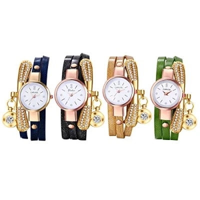 Image de JewelryWe Montre Femme en Cuir,Montre Bracelet Analogique Quartz Incrustée de Strass,1Atm Etanche,Montre Rond avec Sangle d&#039;Enroulement Multicouche,Bracelet