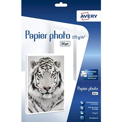 Image de AVERY 20 Feuilles de Papier Photo Mat 170 g/m² Format A4 Impression Jet d’Encre