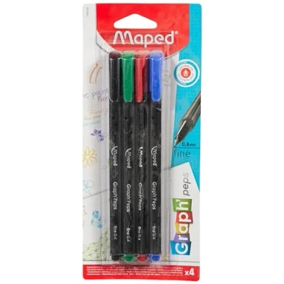 Image de Maped Feutres Graph&#039;Peps Stylos Pointe Fine 0,4 mm Douce et Résistante Confort d&#039;Écriture Dessin 4 Noir, Vert, Rouge, Bleu