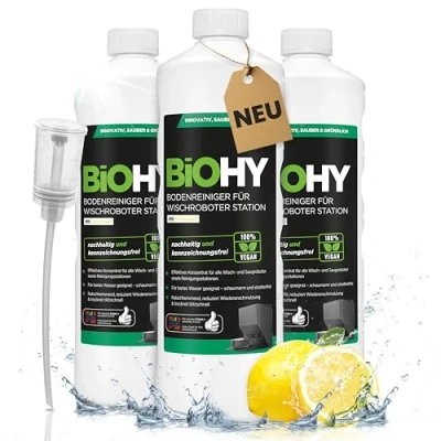 Image de BiOHY nettoyeur de sol pour station robot avec parfum frais (3 x 1 l) + doseur, concentré détergent tous les aspirateurs d&#039;essuyage et robots fonction humide, bras en mousse