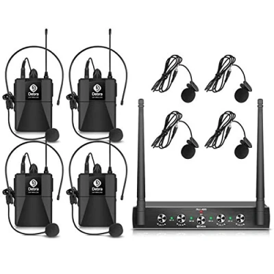 Image de Debra Audio Pro Système de Microphone sans Fil UHF 4 canaux avec micros pour Casque Lavalier Portable Fil, récepteur en métal, idéal Les fêtes d&#039;église karaoké (avec bodypack (A))