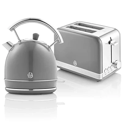 Image de Swan Retro Ensemble Petit Déjeuner, Bouilloire 1,8L avec Élément Chauffant en Acier INOX, Grille Pain à Fente Large 2 Tranches, Régulateur de Grillage 6 Niveaux, Design Vintage, Gris, Taille unique