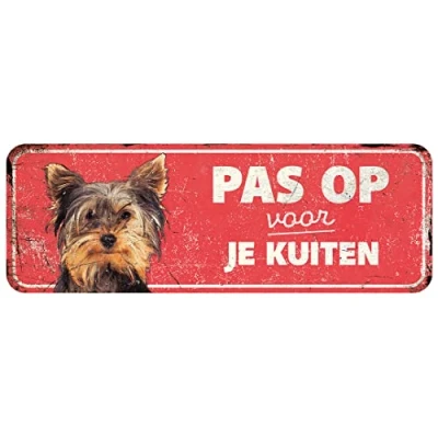 Image de D&amp;D Home, Panneau d&#039;avertissement Attention au Chien, 40x13x0,3 cm, Version néerlandaise, Fond Rouge, en métal résistant à la Rouille avec Un Texte Amusant