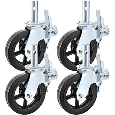 Image de VEVOR Lot de 4 roulettes pivotantes en polyuréthane, noyau fer 20,3 cm, guidon avec double frein blocage, pieds réglables, capacité charge 500 kg par roue