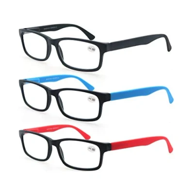 Image de MODFANS Lot de 3 Lunettes Vue Rectangle, Branches a Ressort Comfort Vision Nette pour Hommes Femmes, Lecture Noir Rouge Bleu +1.00