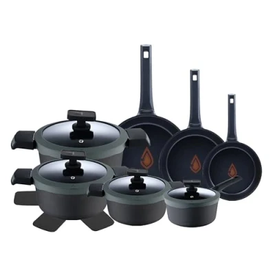 Image de MasterPRO Gastro Reeco Lot de 14 poêles à frire 20, 24 et 28 cm, casseroles cm casserole 16 avec couvercle en fonte d&#039;aluminium recyclé Heatdot Revêtement antiadhésif