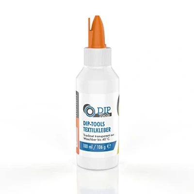 Image de DIP Tools Colle textile lavable en machine 100 ml I pour textiles, tissus polyester, jeans, extra forte, transparente et imperméable, sans résidus, inodore solvant