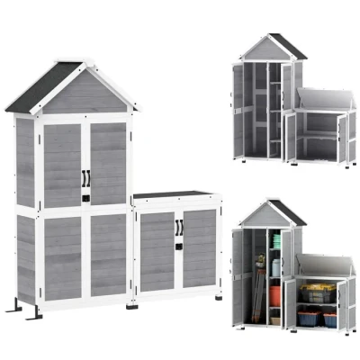 Image de Outsunny Abri de Jardin + Armoire Rangement en Bois, cabane extérieur avec Toit incliné Asphalte, étagères et Portes verrouillables, à Outils résistante aux intempéries, Gris