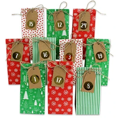 Image de Calendrier de l&#039;Avent DIY à remplir 24 Sacs Cadeaux imprimés et Autocollants Pinces Chiffres Motif Rouge Vert bricoler Offrir Noël